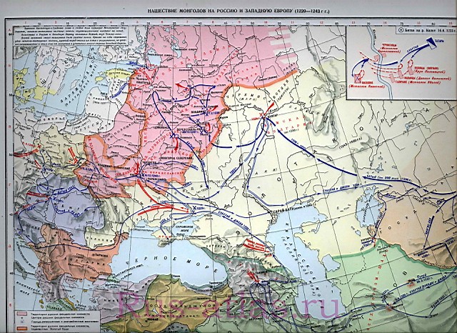 Карта татаро-монгольского нашествия на Россию. Карта походов Батыя наРоссию и Западную Европу 1220-1243